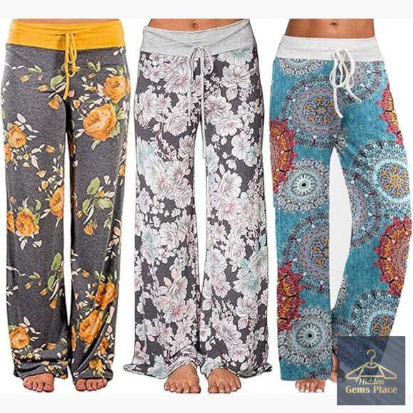 Women's Floral Pajama Pants Drawstring Wide Leg Lounge Bottoms 3 Pack
